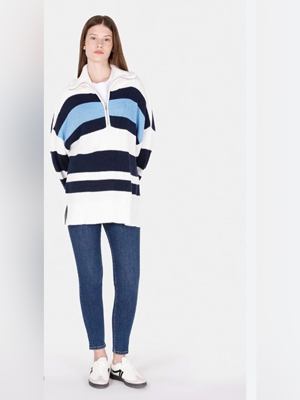 aerie Striped Half-Zip Sweater - White, Navy & Light Blue